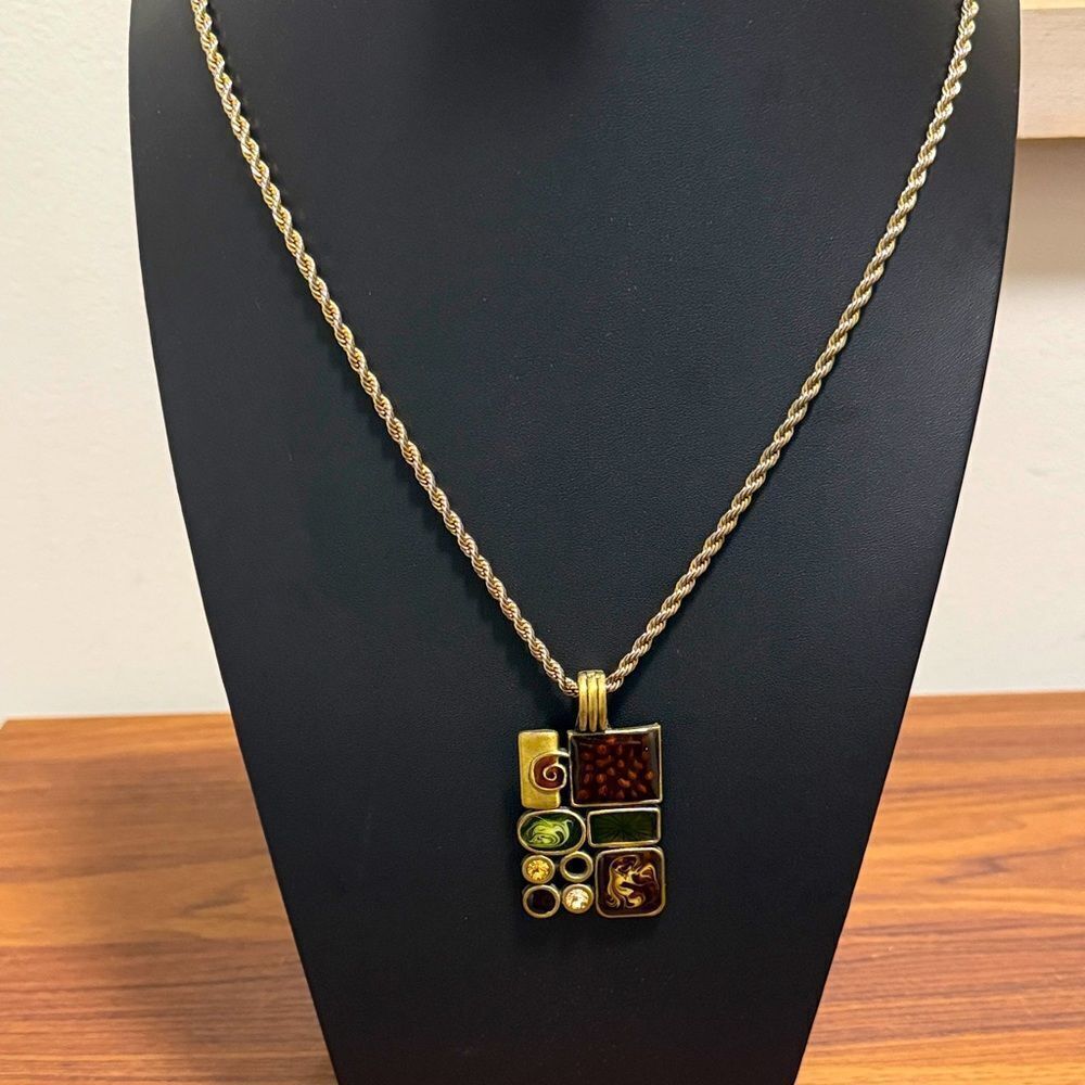Vintage Premier Designs Antique Brass Mosaic Style Pendant/Enhancer on Chain.